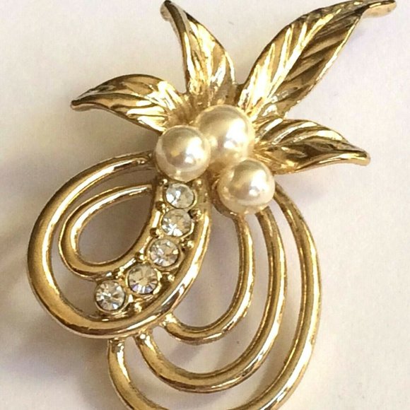 Vintage Pearl Oak Leaf Pin Brooch Fall Jewelry Crystal Flower Gold Plated Deco - Picture 5 of 11